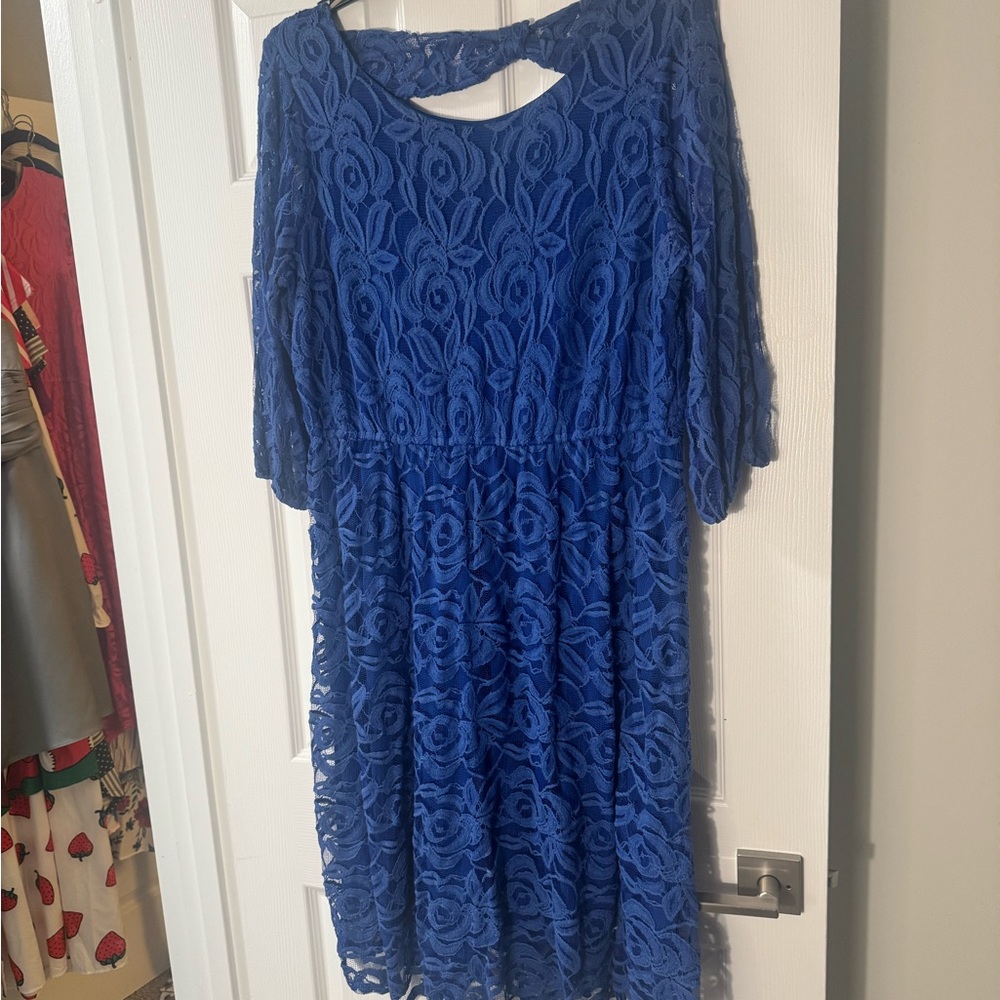 Ing Blue Fit and Flare Dress with Bishop Sleeves